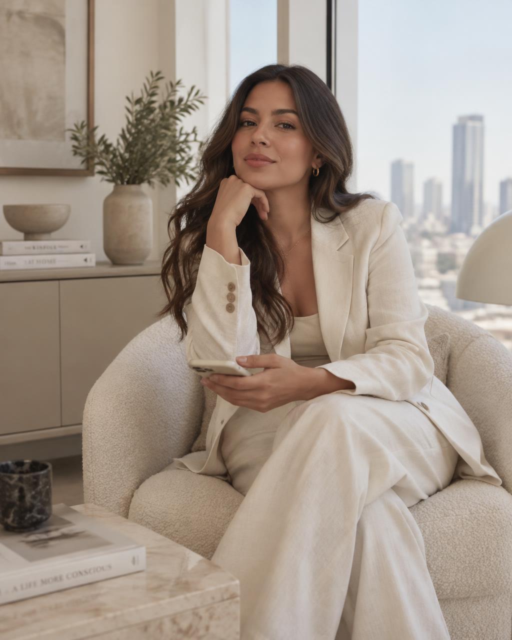 Mujer sonriente con blazer color crema en un apartamento luminoso
